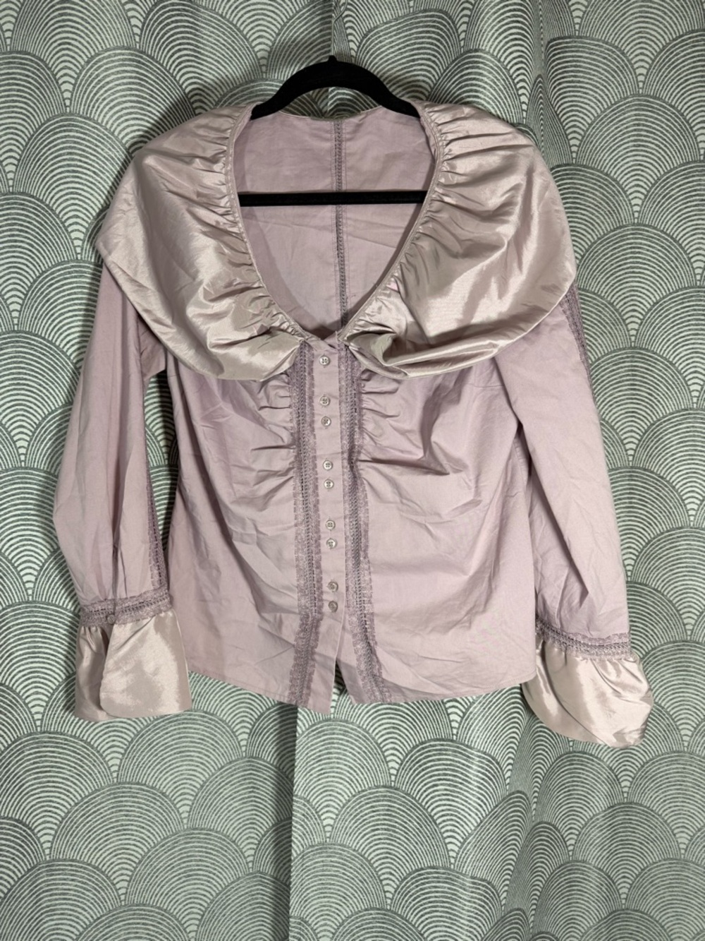 Kenar Lavender Satin-Trim Ruffle Button Front Blouse
